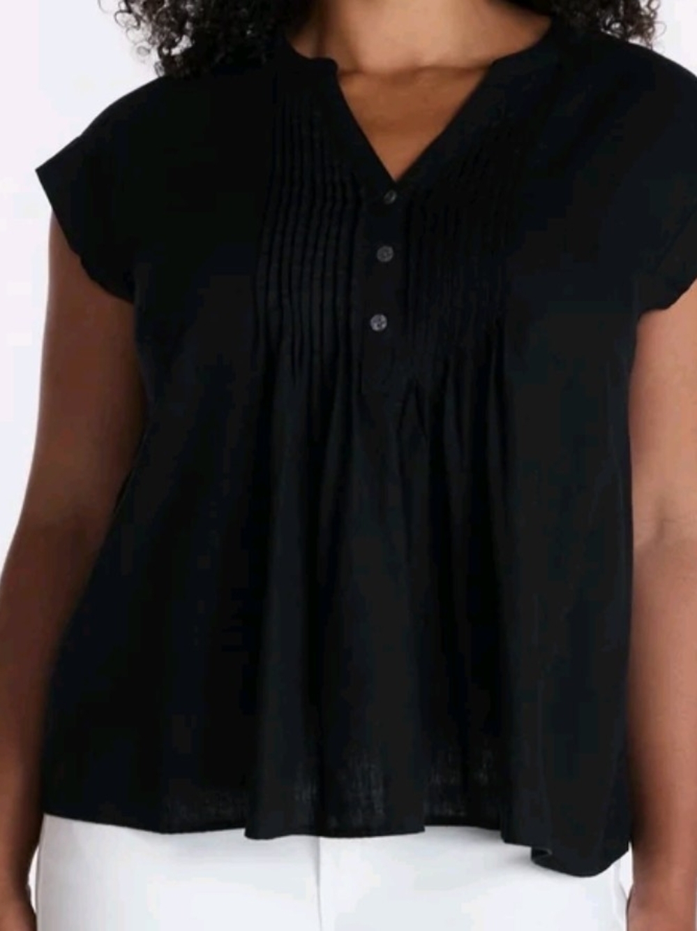 Time and Tru Women's Linen Blend Pintuck Top with Short Sleeves Black